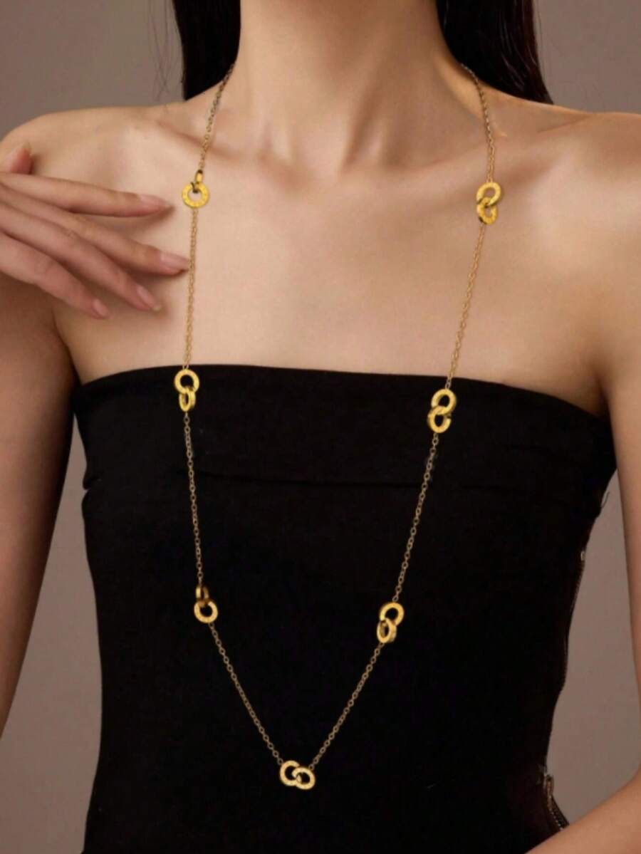 1 chiếc dây chuyền mặt dây dài bằng thép không gỉ thời trang hình số La Mã, kiểu dáng đôi, trang sức thanh lịch dành cho nữ mùa thu/đông. - Vàng - Xem 1