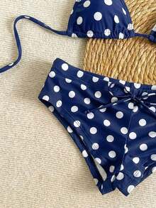 Nuevo conjunto de bikini con estampado de lunares sexy, espalda descubierta y lazo, con tirantes de espagueti para playa y piscina en vacaciones - azul real - Ver 6