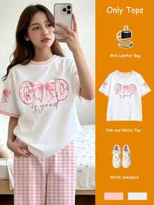 Áo thun ngắn tay in họa tiết nơ màu trắng phối hồng dành cho nữ tuổi teen, kiểu dáng thường ngày mùa hè. - Nhiều màu - Xem 2