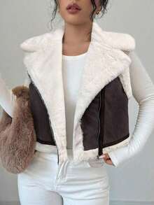 Chaqueta holgada de forro polar con solapa marrón para mujer - Café integral - Ver 4