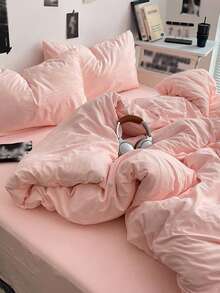 3pcs Solid Color Skin-Friendly Brushed Bedding Set (1*Duvet Cover + 2*Pillowcases, No Filler), Machine Washable, Suitable For All Seasons, Bedroom Use, Soft & Comfortable - Apricot - View 9