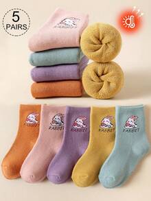 5 Pairs Girls' Crew Socks, Solid Colors Rabbit & Letter Prints, Soft & Warm, Thick Casual Mid-Calf Socks, Cute & Fashionable, Suitable For Autumn/Winter - Multicolor - View 9