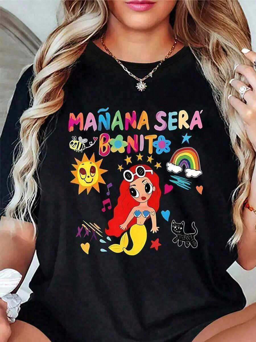 Camiseta Gráfica Blanca para Mujeres - Diseño Divertido de Sirena con Texto "MANANA SERA DONTO" - Camiseta Casual Suave y Elástica para el Gimnasio, Playa, Salón - Lavable a Máquina, Top para Mujeres, Ajuste de Playa, Estampado, Ajuste Cómodo, Camiseta Impresa, Amantes del Fitness, Suelta y Cómoda - Negro - Ver 1