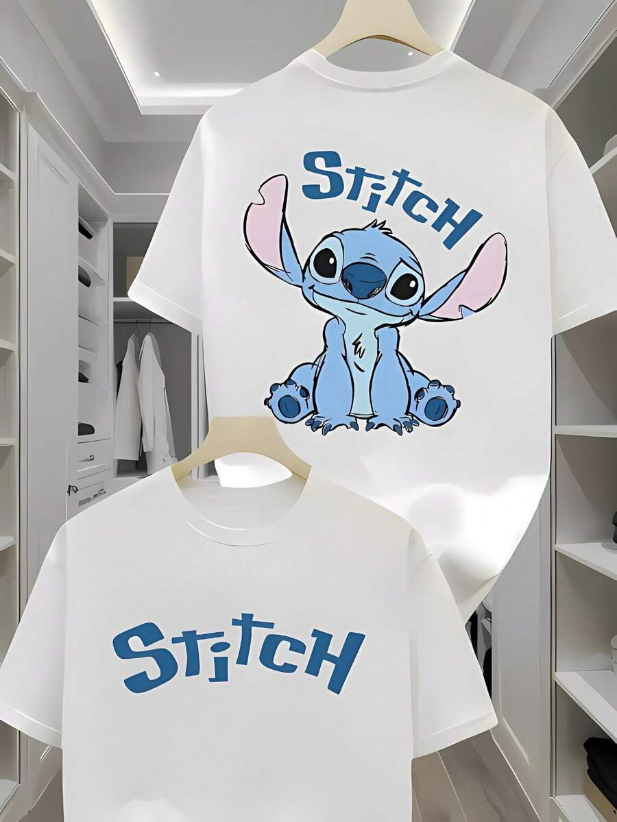 Disney Lilo & Stitch Double-Sided Graphic Oversized T-Shirt, Unisex Cute Stitch Casual Disney Tee - 白色 - 查看 1