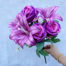 Ramo de colores de primavera: rosas y lirios mixtos de 9 varillas con rosas - Flores de corte fresco para decoración del hogar, boda, aniversario, regalo-G JDI2 - Naranja - Ver 12