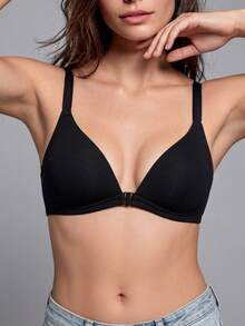3 piezas Sujetadores de algodón sólidos con cierre frontal cómodo y sin cables, con copas suaves y tirantes ajustables para mujeres con escote en V - Multicolor - Ver 8
