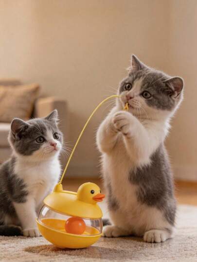 1 Set Automatic Self-Righting Duck & Rolling Cat Toys, Detachable Feather & Bell Wand, Replaceable Cat Pet Toys, Multiple Options, Self-Entertainment Cat Toys, Cat Turntable, Cat Teaser Wand
