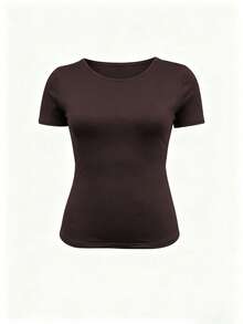Women's Summer Slim Fit Solid Color Casual Short Sleeve Camisole, Brown - Brown - View 5