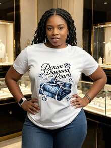 Women's Denim T-Shirt With Diamond And Pearl Print, Elegant, Casual For Office, Soft And Pleasant To The Touch, Round Neck, Regular Sleeve, For All Seasons, 100% Cotton. - 白色 - 查看 5