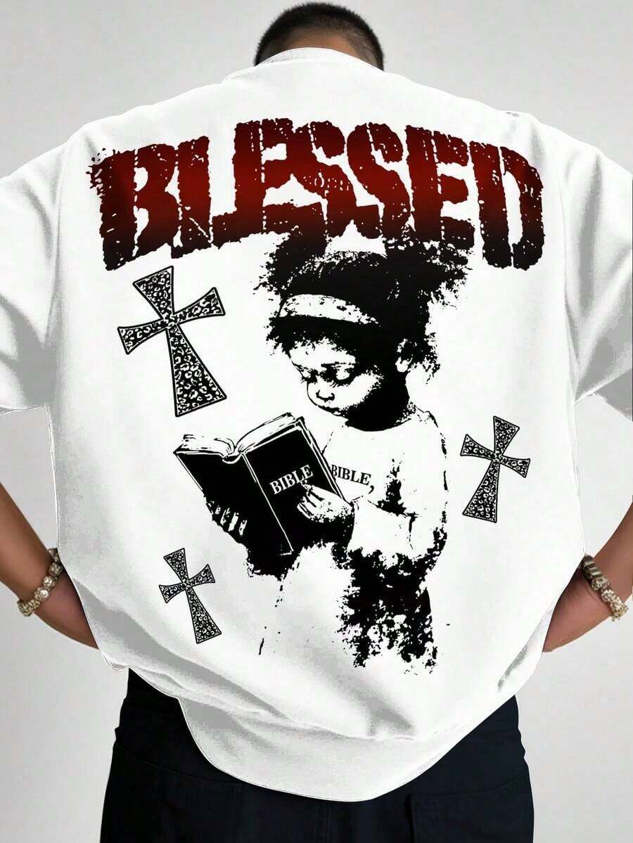 Manfinity Men's Casual T-Shirt With Cross And Letter Print, For Summer - 白色的 - 查看 1