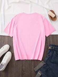 Printed T-Shirt With Letters And Cats, Short Sleeves And Round Neck, Casual Top For Summer And Spring, Women's Clothing - 羅莎 - 查看 2