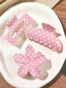 3pcs This Cherry Blossom Pink Polka Dot Checkered Semi-Circular Hair Clip Has A Retro French Style, Exuding An Elegant And Sweet Girlish Charm. It's Suitable For Everyday Wear, Work, Afternoon Tea Parties, Ponytails, Half-Updo Summer Outfits, Beach Accessories, And Summer Beach Hair Clips. - Multicolor - View 1