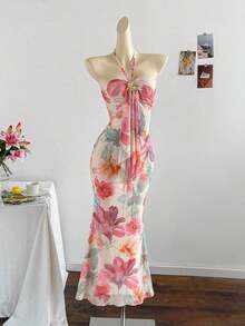 2026 Women's Romantic Gradient Mesh Knit Holiday Dress With Halter Neck, Bow And Decorative Metal Buckle, Mermaid Cut, Suitable For Parties, Dates, Afternoon Tea, Sexy And Elegant - 黑色 - 查看 6