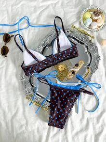 Bikini de mujer con estampado de lunares y rayas retro, casual y elegante para vacaciones, festivales de música, carreras de caballos, Kentucky Derby - Marrón - Ver 3