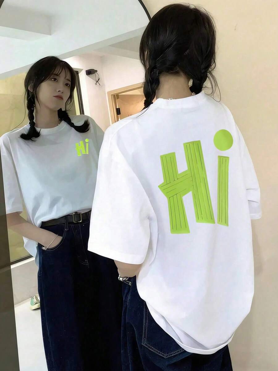 新款夏季 Z 世代 Y2K 风格女式荧光绿 HI 字母印花圆领短袖 T 恤 - 白色 - 查看 1