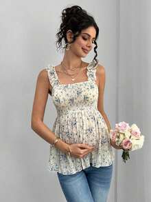 Camiseta sin mangas de línea A con volantes, tirantes anchos y recogida delantera y trasera para maternidad - Azul y blanco - Ver 5