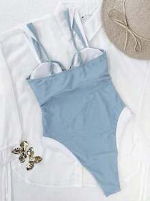 Traje de baño de una pieza con bloques de color para mujer.El contraste de color sexy favorece la figura, perfecto para vacaciones en la playa y atuendos casuales.Negro verano - Azul - Ver 3