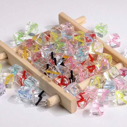 120/180pcs Transparent Square Beads With Colorful Stripe Inlay, Two-Tone Acrylic Cube Beads, Loose Spacer Beads For DIY Jewelry Making, Bracelet Necklace Supplies