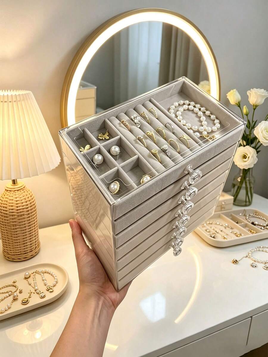 1pc 7/5/3/1 Layer Velvet Jewelry Box, Drawer Style Jewelry Box, Ring Box, Earring Storage Box, Drawer Type Jewelry Organizer