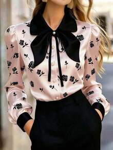 Blusa de satén con estampado de rosas para mujer, de manga larga y abotonada con cuello de lazo, de corte regular, adecuada para la oficina o uso casual en color rosa - Rosa - Ver 2