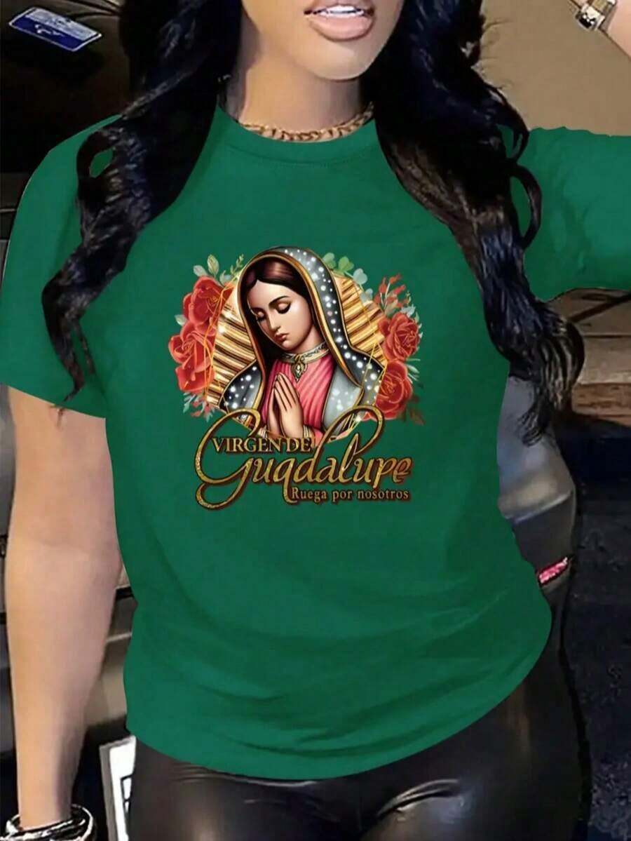 Women's Graphic T-Shirt, Short Sleeve, Round Neck, Basic, Comfortable, Cool, Lightweight, Mexican Print, Virgin Of Guadalupe, Roses, Floral, Phrase "Pray For Us" - Green - View 1
