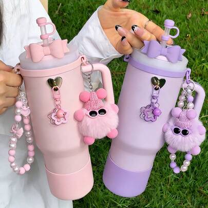 7-Piece Tumbler Accessory Set, Suitable For 30oz/40oz Cups, Includes 10mm Straw Lid, Bow Decor, Pearl Handle Chain, Heart Charm, Plush Doll, Star Pendant, Silicone Sleeve, Cute Student Style Water Bottle Decorations, Suitable For Women And Girls, Fashion Accessories, Gifts, Souvenirs, Valentine's Day, Back To School, Graduation, Outdoor Activities Like Camping