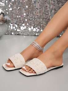 大码水钻装饰方头平底凉鞋，搭配连衣裙可拉长腿部线条，时尚凉鞋，可爱女孩夏季沙滩防滑软底拖鞋 - 米色 - 查看 7
