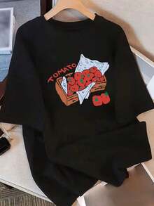 Vintage T-Shirts, Pure Cotton Women's T-Shirts, Short Sleeve, Unique Printed Design, New Summer Style 2026, Loose Fit, Half Sleeve, Slimming Tops For Students, 100% Cotton - 黑色 - 查看 1