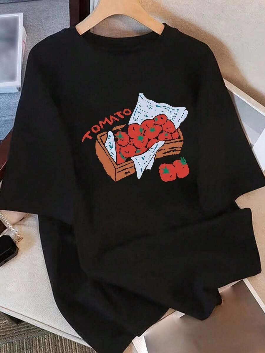 Vintage T-Shirts, Pure Cotton Women's T-Shirts, Short Sleeve, Unique Printed Design, New Summer Style 2026, Loose Fit, Half Sleeve, Slimming Tops For Students, 100% Cotton - 黑色 - 查看 1