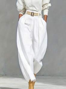 Women's Solid Color Zipper Pocket Pleated Casual Loose Pants (Belt Not Included) Spring White - White - View 10