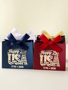250th Independence Day Happy USA Foil Gift Bag, American National Day Party Souvenir Box, July 4th Holiday Decor Red Blue White Paper Bag, Summer Celebration Favor Packaging With Bow Design, Patriotic Metallic Feel Party Supplies - View 11