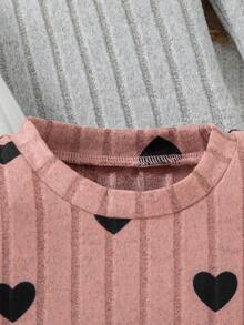 3pcs/Set Girls Heart Embroidery Decor Round Neck Long Sleeve T-Shirt Casual Tops, Spring & Autumn - Dusty Pink - View 3
