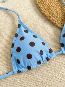 Nuevo conjunto de bikini con estampado de lunares sexy, espalda descubierta y lazo, con tirantes de espagueti para playa y piscina en vacaciones - Celeste - Ver 5