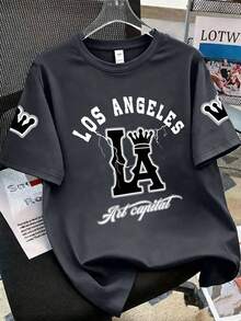 1 pieza Camiseta de manga corta con estampado gráfico artístico de ciudad, de corte holgado informal, estilo deportivo de cuello redondo para niños adolescentes, regalo perfecto de verano, adecuado para la escuela y uso al aire libre en primavera/verano - Gris Oscuro - Ver 1