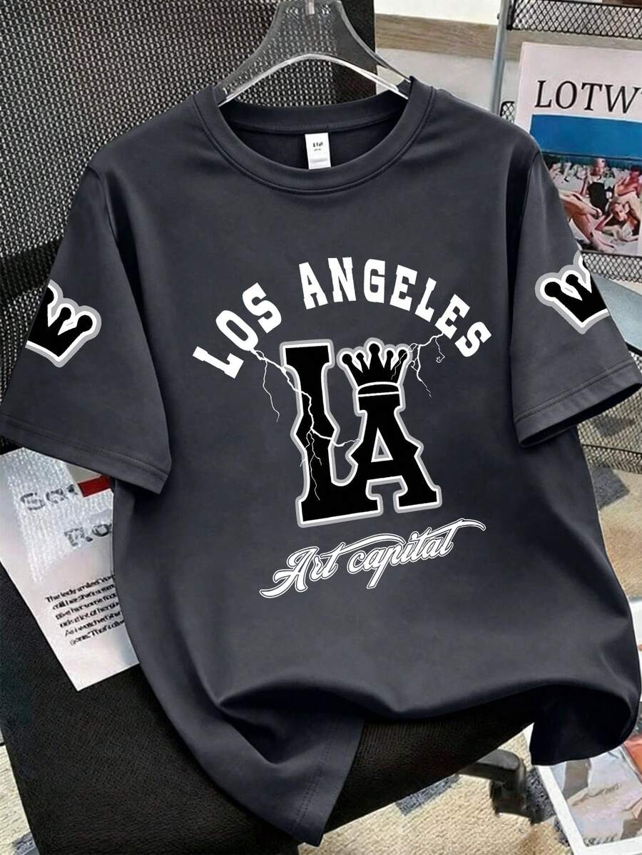 1 pieza Camiseta de manga corta con estampado gráfico artístico de ciudad, de corte holgado informal, estilo deportivo de cuello redondo para niños adolescentes, regalo perfecto de verano, adecuado para la escuela y uso al aire libre en primavera/verano - Gris Oscuro - Ver 1