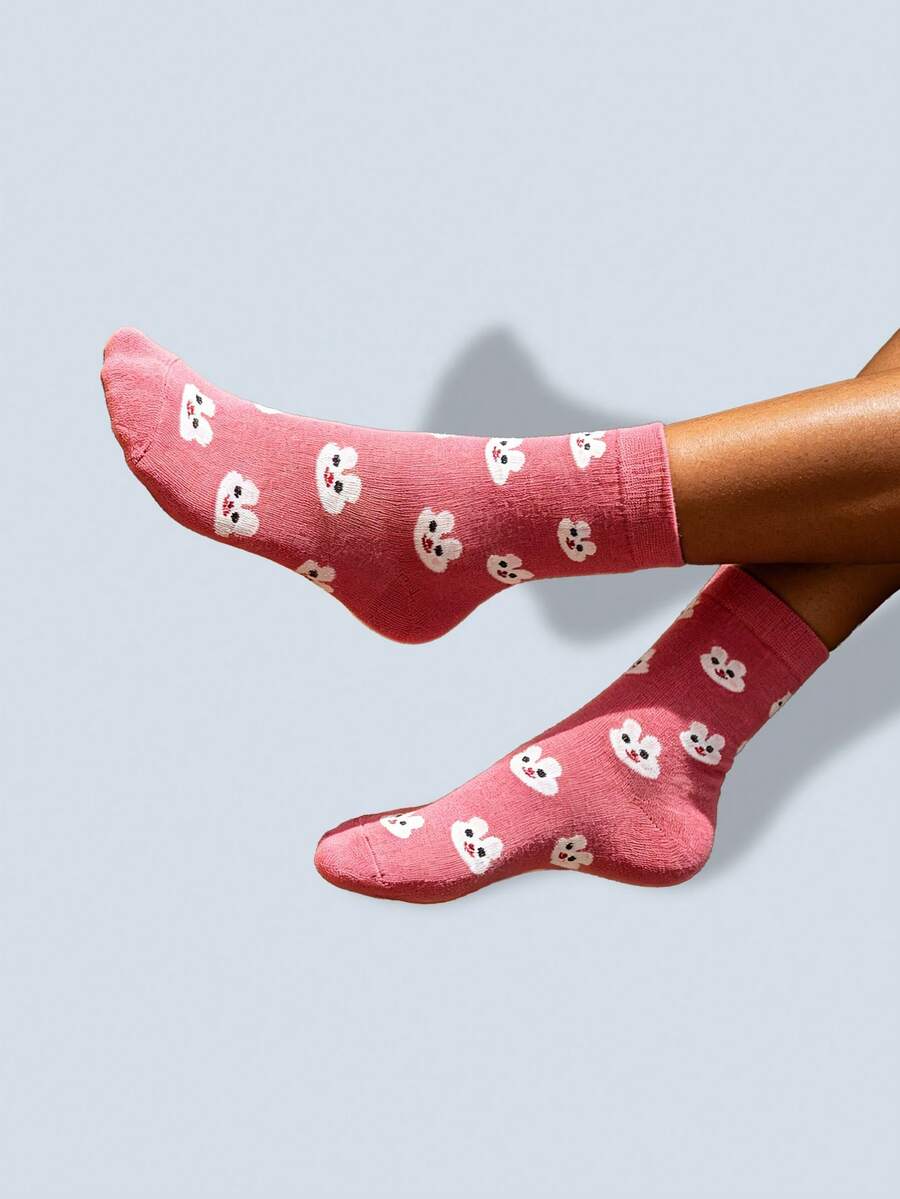 1 par de calcetines de media caña con estampado de retrato de animal de dibujos animados unisex, serie de estilo callejero, suaves y cómodos, aptos para parejas - Multicolor - Ver 1