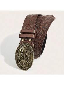 1pc Western Style Unique Retro Floral Print Women Belt, Suitable For Jeans, Music Festival, Daily Matching Summer, School Fall, Autumn, Halloween - Coffee - View 9