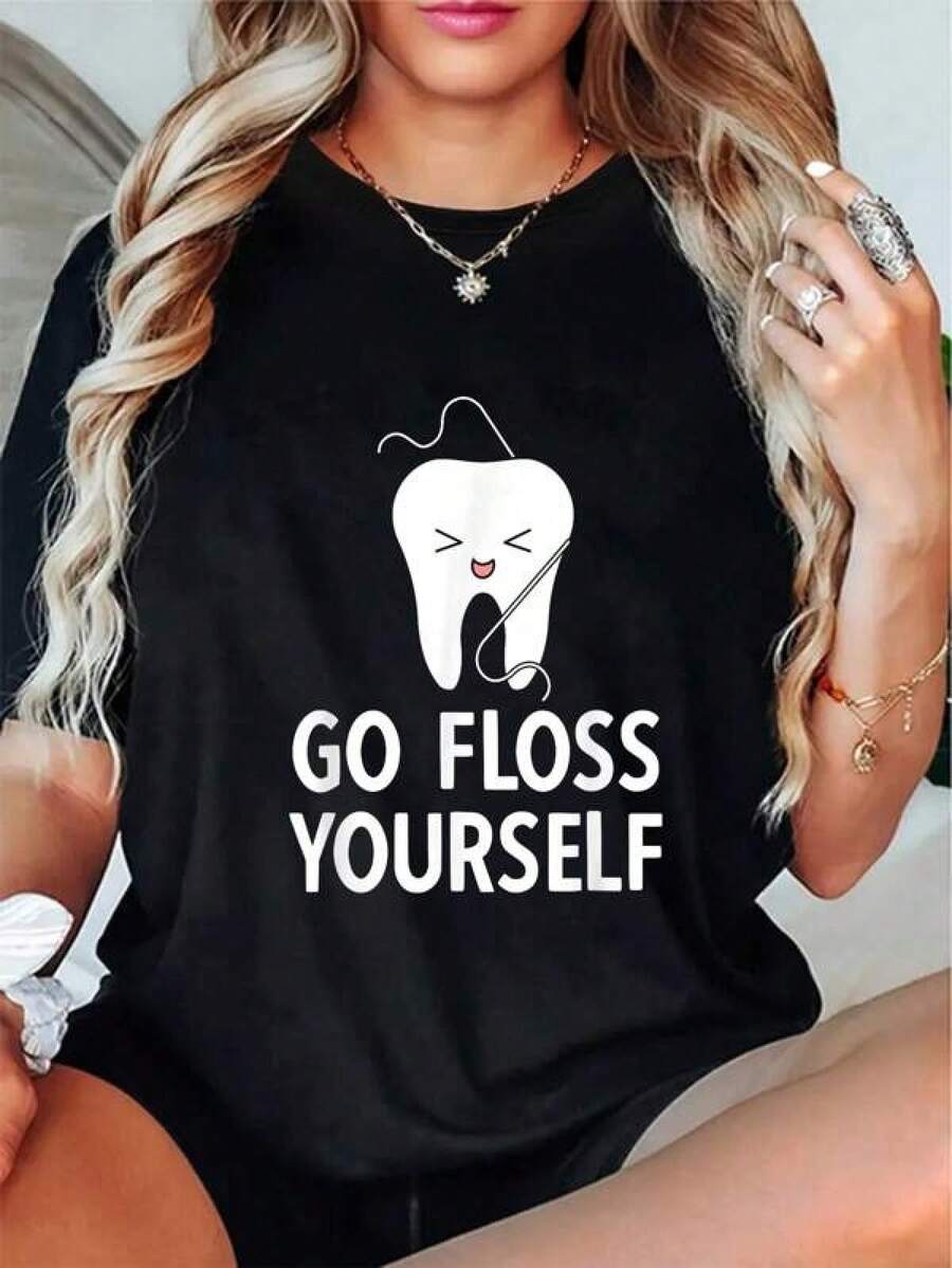 Kortärmad t-shirt med rund hals för män och kvinnor, med grafiskt tryck av tandläkare, tandvård, tandbestick, sommarklänning för kvinnor, t-shirt med bokstavstryck för unga flickor, avslappnad, bekväm och moderiktig. - Svart - Visa 1