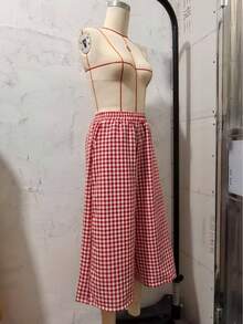 High-Waist New Casual Vacation-Style - Plaid Wide-Leg Pants Skirt, Loose And Elegant Casual Trousers - 紅色 - 查看 5