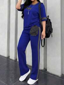 2 piezas Conjunto de camiseta de manga corta de cuello redondo y pantalones sueltos de cintura elástica para mujer, uso diario casual, negro, verano - Azul 142 - Ver 6