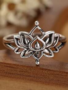 1pc Vintage Silver Lotus Flower Ring, Retro Oxidized Openwork Floral Ring, Boho Stackable Finger Jewelry For Women, Daily Wear & Festival Accessories, Gift For Her - Lotus Ring - View 4