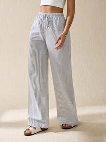 Tall Pantalones largos de mujer casuales de uso diario con estampado a rayas y estampados para primavera/verano - Blanco - Ver 8