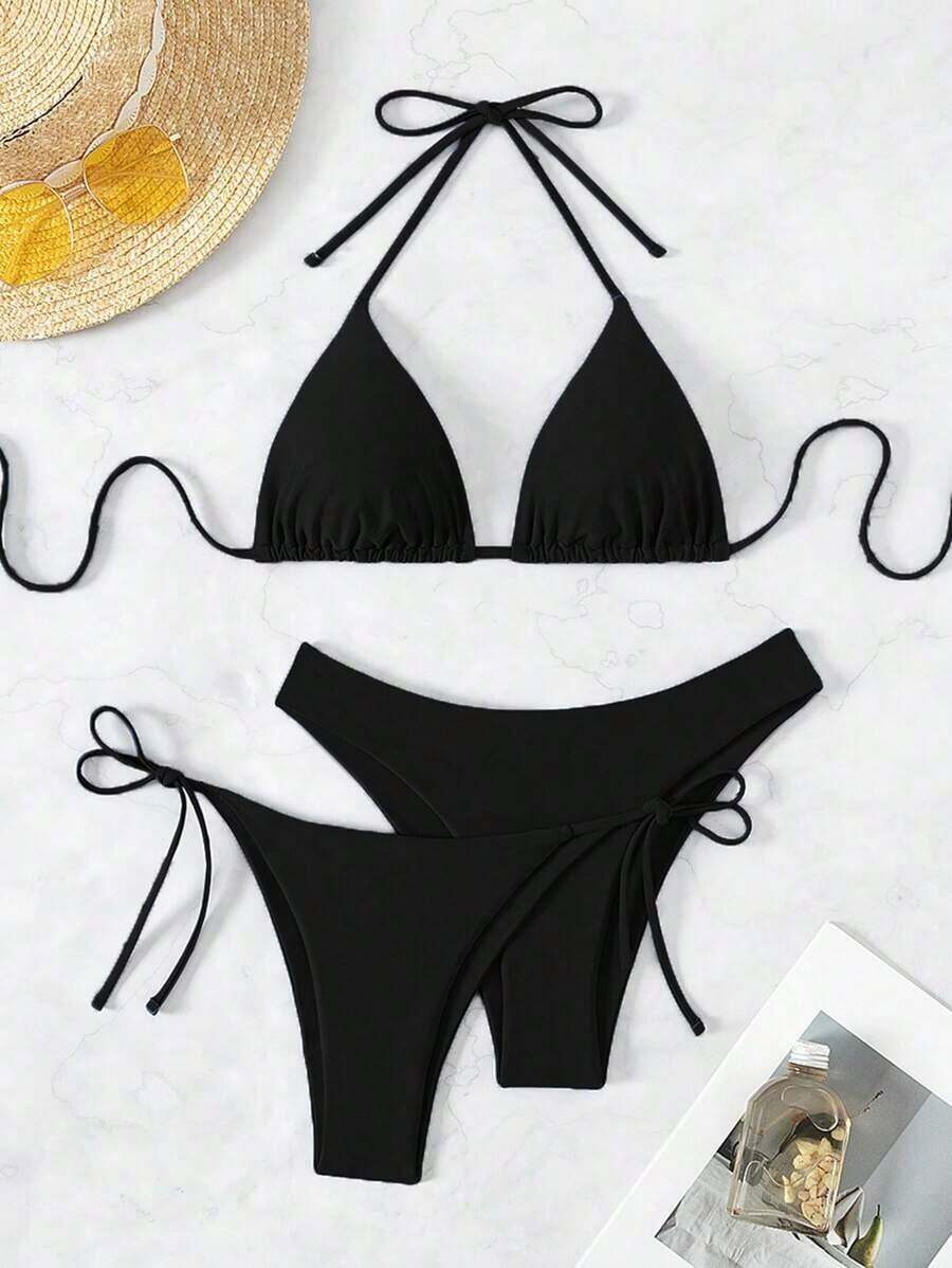 Swim Vcay Summer Geometric Floral Print Halter Bikini Set, Knit Fabric, Sexy Backless Bikini Set For Vacation, Parties, Beach, Pool, New Year, Christmas, Elegant - 黑色 - 查看 1