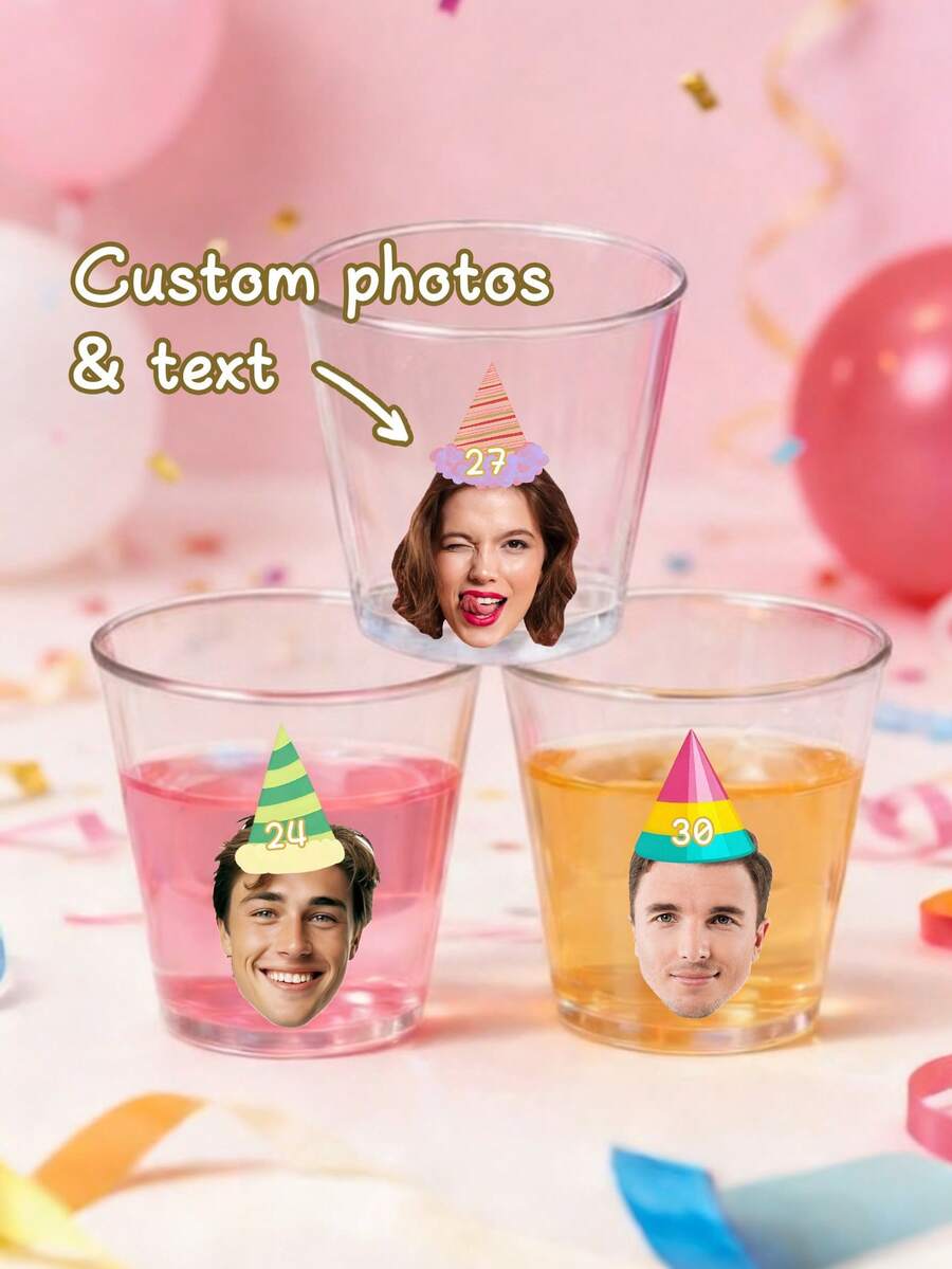 Customized Face-Shaped Liquor Glass Stickers, Can Print Photos And Age On Party Hats, Personalized Funny Face Stickers, Waterproof Non-Adhesive Party Favor Labels, Suitable For Birthday, Bachelor Party And Other Occasions - Multicolor - View 1
