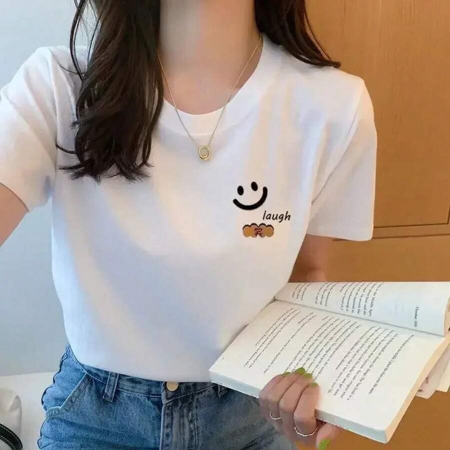 Camiseta blanca de verano para mujer, camiseta de manga corta para estudiante Ulzzang, camiseta holgada versátil de media manga, Top Harajuku BF de - M134-G - Ver 1