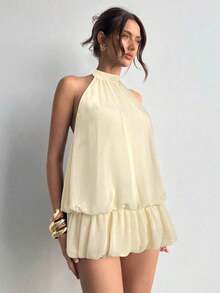 Vestido casual de verano para mujer con cuello halter, unicolor y volantes en el bajo - Rojo cereza - Ver 9