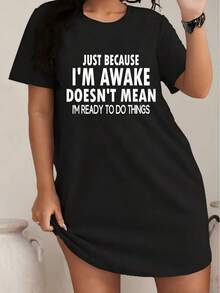 - Vestido tipo camiseta de manga corta para mujer de talla - Vestido elástico con estampado I'Awake Doesn'Mean I'Important, cuello redondo, ropa casual de verano, estilo corto y lindo, lavable aáquina y ajustado al cuerpo. - Negro - Ver 8