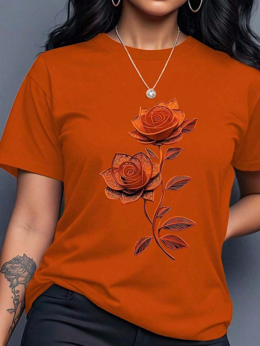 de mujer de manga corta con cuello redondo, estampado floral 3D, versátil y casual - Naranja - Ver 1