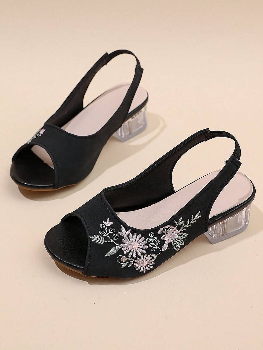 Children's Floral Embroidered Black High Heel Sandals - Black - View 1