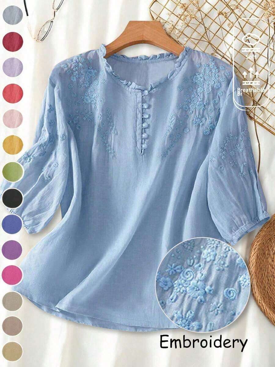 Blusa ligera y holgada de viscosa con bordado retro para mujer, para primavera y verano, casual, estilo campestre, tops de verano - Azul - Ver 1